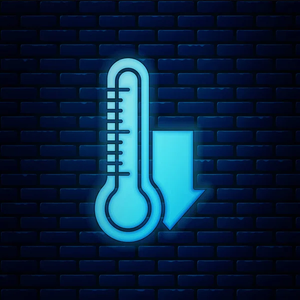 Glowing neon Meteorology thermometer measuring icon isolated on brick wall background. Thermometer equipment showing hot or cold weather. Vector Illustration — Stock Vector