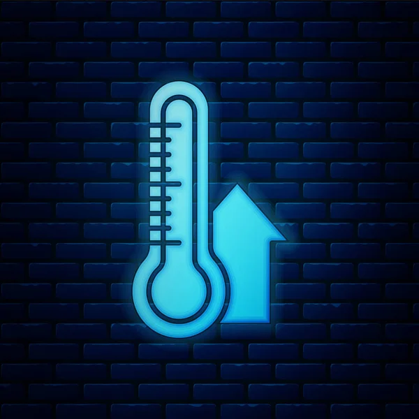 发光霓虹灯气象学温度计测量图标隔离在砖墙背景. 显示炎热或寒冷天气的温度计设备。 病媒图解 — 图库矢量图片