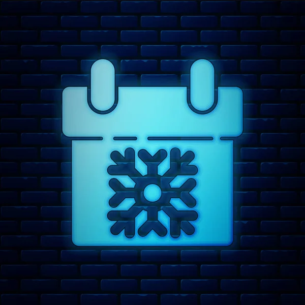 Lumineux néon icône Calendrier isolé sur fond de mur de briques. Symbole de rappel d'événement. Joyeux Noël et bonne année. Illustration vectorielle — Image vectorielle