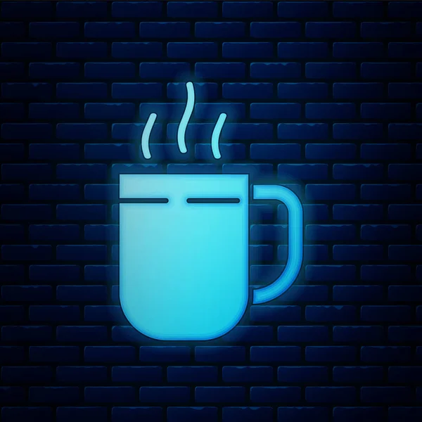 Parlayan neon kahve fincanı simgesi tuğla duvar arkasında izole edilmiş. Çay fincanı. Sıcak içecek kahvesi. Vektör İllüstrasyonu — Stok Vektör