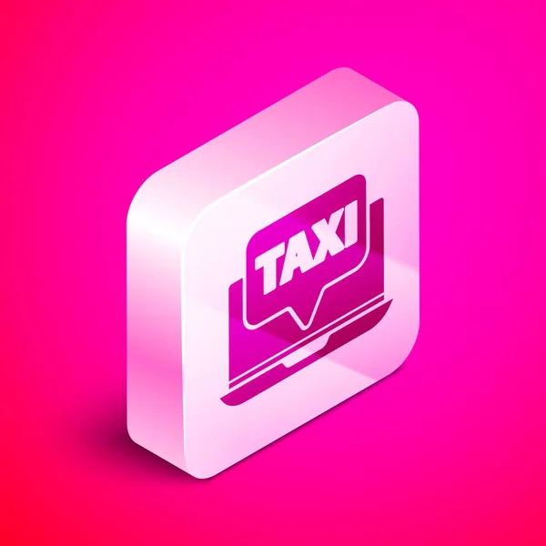 ISometric 노트북 전화 택시 서비스 아이콘 핑크 배경에 분리. 은색 네모 단추. 벡터 일러스트 — 스톡 벡터
