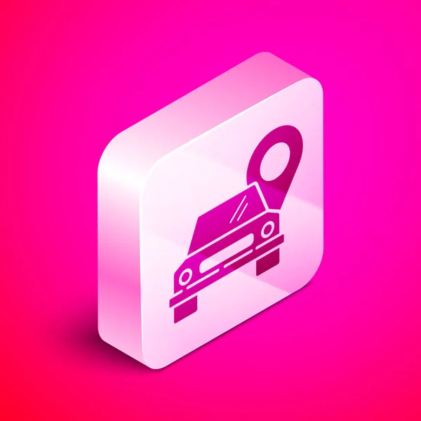 Isométrico Mapa ponteiro com ícone de táxi isolado em fundo rosa. Símbolo de localização. Botão quadrado de prata. Ilustração vetorial — Vetor de Stock