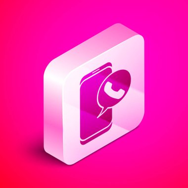 Isometric Taksi servisi telefon servisi simgesi pembe arka planda izole edildi. Akıllı telefon taksisi. Gümüş kare düğme. Vektör İllüstrasyonu