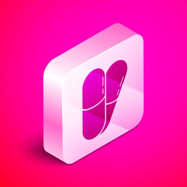 Isometric Dog ve haplar pembe arka planda izole edilmiş. Hayvan için reçeteli ilaç. Gümüş kare düğme. Vektör İllüstrasyonu