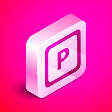 Pembe arka planda izole edilmiş Isometric Park simgesi. Sokak tabelası. Gümüş kare düğme. Vektör İllüstrasyonu