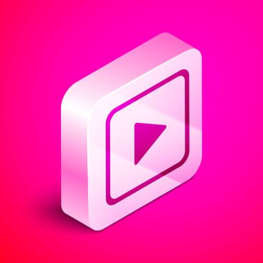 Pembe arka planda izole edilmiş kare simge şeklinde Isometric Play. Gümüş kare düğme. Vektör İllüstrasyonu