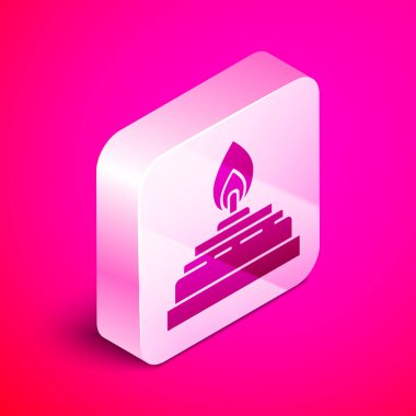 Pembe arka planda izole edilmiş Isometric Alkol veya ruh yakıcı ikonu. Kimyasal ekipman. Gümüş kare düğme. Vektör İllüstrasyonu
