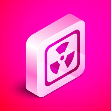 Pembe arka planda izole edilmiş Isome radyoaktif simge. Radyoaktif zehirli sembol. Radyasyon tehlikesi işareti. Gümüş kare düğme. Vektör İllüstrasyonu