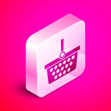 İzometrik Alışveriş sepeti simgesi pembe arka plan üzerinde izole. Online satın alma konsepti. Teslimat hizmeti işareti. Alışveriş sepeti sembolü. Gümüş kare düğme. Vektör İllüstrasyonu