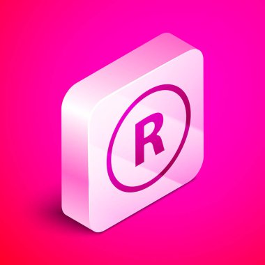 İzometrik tescilli marka simgesi pembe arka planda izole edildi. Gümüş kare düğme. Vektör İllüstrasyonu