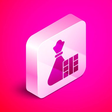 Pembe arka planda izole edilmiş Isometric hediye kutusu ve torba simgesi. Mutlu Noeller ve mutlu yıllar. Gümüş kare düğme. Vektör İllüstrasyonu