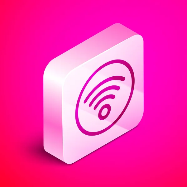 Isometrisches Symbol für das drahtlose WIFI-Internet-Netzwerk auf rosa Hintergrund. Silberner quadratischer Knopf. Vektorillustration — Stockvektor