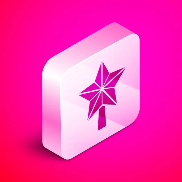 Isometric Christmas star icon isolated on pink background. Merry Christmas and Happy New Year. Silver square button. Vector Illustration — Stock Vector