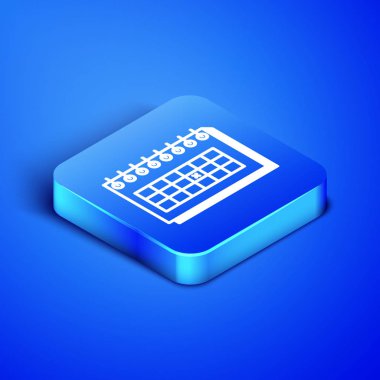 Isometric Takvim simgesi mavi arkaplanda izole edildi. Doğum tarihi. Mavi kare düğme. Vektör İllüstrasyonu