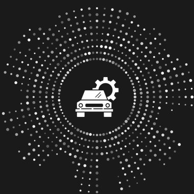 Gri arkaplanda beyaz araba servis simgesi izole edildi. Otomobil tamircisi. Tamirci oto tamircisi. Bakım tabelası. Soyut çember rastgele noktalar. Vektör İllüstrasyonu