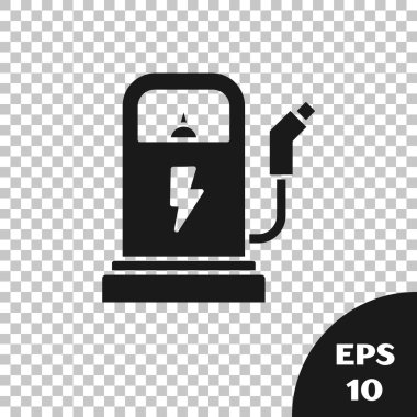 Siyah Elektrikli araba şarj istasyonu simgesi şeffaf arkaplanda izole edildi. Eko elektrik yakıt pompası tabelası. Vektör İllüstrasyonu