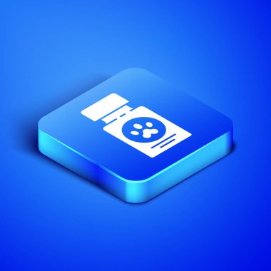 Isometric Dog ilaç şişesi ve mavi arka planda izole edilmiş ilaç ikonu. İçinde haplar olan konteynır. Hayvan için reçeteli ilaç. Mavi kare düğme. Vektör İllüstrasyonu