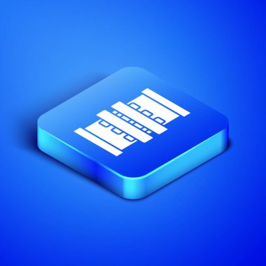 Isometric Endüstri metalik borular ve mavi arka planda izole edilmiş kapakçık simgesi. Mavi kare düğme. Vektör İllüstrasyonu