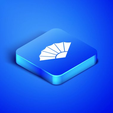 Isometric Geleneksel Çin kagidi veya Japon katlama hayran simgesi mavi arka planda izole. Mavi kare düğme. Vektör İllüstrasyonu