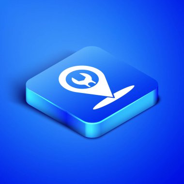 Isometric Araç Servis simgesi mavi arkaplanda izole edildi. Otomobil tamircisi. Tamirci oto tamircisi. Bakım tabelası. Mavi kare düğme. Vektör İllüstrasyonu