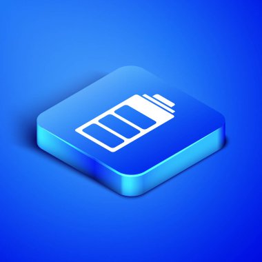 Mavi arka planda yalıtılmış izometrik pil şarj seviyesi göstergesi simgesi. Mavi kare düğmesi. Vektör Illustration