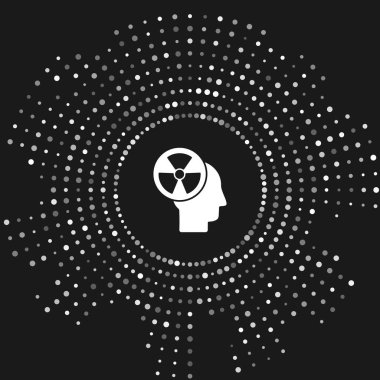 İnsan kafasının beyaz silueti ve gri arkaplanda izole edilmiş bir radyasyon sembolü. Soyut çember rastgele noktalar. Vektör İllüstrasyonu