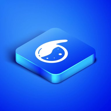 Isometric Test tüpü ve matara kimyasal test ikonu mavi arka planda izole edildi. Laboratuvar cam levhası. Mavi kare düğme. Vektör İllüstrasyonu