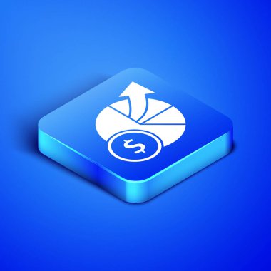 Isometric Money ve diyagram grafik simgesi mavi arkaplanda izole edildi. Finansal analizler, bütçe planlaması, finans yöneticileri. Mavi kare düğme. Vektör İllüstrasyonu