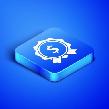 Mavi arka planda dolar simgesi olan Isometric Price etiketi. Rozet fiyatına. Dolar sembollü indirim. Reklam etiketi indirimi. Mavi kare düğme. Vektör İllüstrasyonu