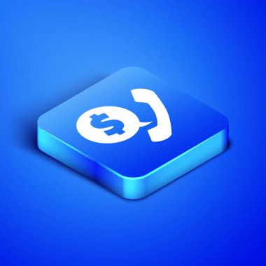 İzometrik telefon yakışıklı ve mavi arka planda izole konuşma kabarcık sohbet simgesi. Telefon tabelası. Mavi kare düğmesi. Vektör Illustration