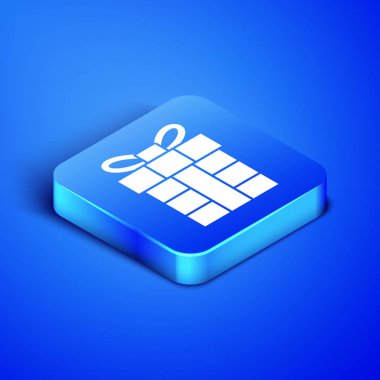 Isometric Hediye kutusu simgesi mavi arkaplanda izole edildi. Mutlu Noeller ve mutlu yıllar. Mavi kare düğme. Vektör İllüstrasyonu