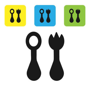 Çatal ve kaşık ikonlu siyah plastik çatal bıçak takımı beyaz arka planda izole edilmiş. Çocuk için çatal bıçak takımı. Çocukların yemek eşyaları. Renkli kare düğmeleri ayarlayın. Vektör İllüstrasyonu