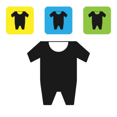 Siyah Bebek giysi simgesi beyaz arka plan üzerinde izole. Kız ve erkek bebek kıyafetleri. Bebek bodysuit. Simgeleri renkli kare düğmeleri ayarlayın. Vektör İllüstrasyonu
