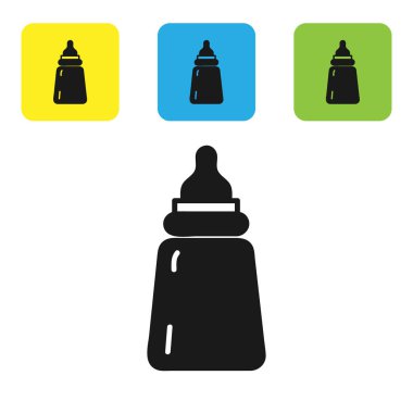 Siyah bebek ikonu beyaz arka planda izole edilmiş. Beslenme şişesi simgesi. Süt şişesi tabelası. Renkli kare düğmeleri ayarlayın. Vektör İllüstrasyonu