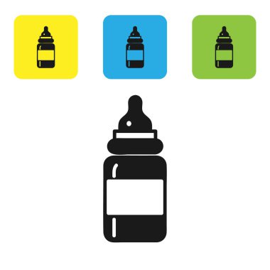 Siyah bebek ikonu beyaz arka planda izole edilmiş. Beslenme şişesi simgesi. Süt şişesi tabelası. Renkli kare düğmeleri ayarlayın. Vektör İllüstrasyonu