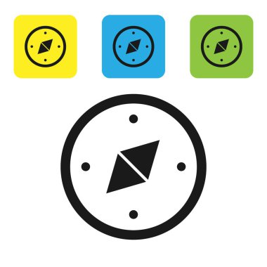 Siyah pusula simgesi beyaz arka planda izole. Windrose navigasyon sembolü. Rüzgar işareti. Set simgeleri renkli kare düğmeler. Vektör Illustration