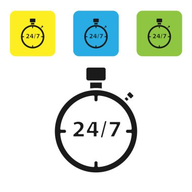 Siyah Stopwatch 24 saat simgesi beyaz arkaplanda izole edildi. Tüm gün döngü simgesi. 24 saat hizmet sembolü. Renkli kare düğmeleri ayarlayın. Vektör İllüstrasyonu