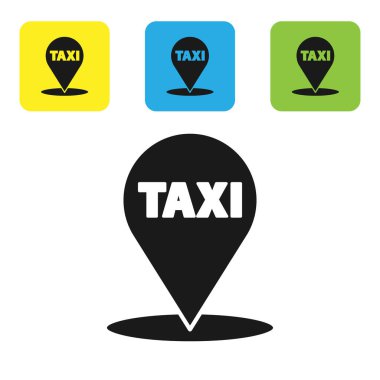 Beyaz arkaplanda izole edilmiş taksi simgesi olan siyah harita işaretçisi. Konum sembolü. Renkli kare düğmeleri ayarlayın. Vektör İllüstrasyonu