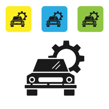 Beyaz arkaplanda siyah araba servis simgesi izole edildi. Otomobil tamircisi. Tamirci oto tamircisi. Bakım tabelası. Renkli kare düğmeleri ayarlayın. Vektör İllüstrasyonu