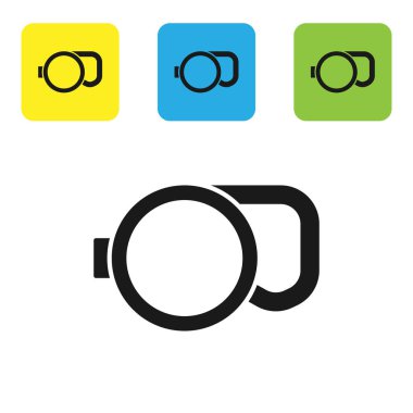 Siyah geri çekilebilir ip tasması ve beyaz arka planda izole edilmiş karabina simgesi. Evcil köpek liderliği. Açık hava yürüyüşü için hayvan aksesuarı. Renkli kare düğmeleri ayarlayın. Vektör İllüstrasyonu