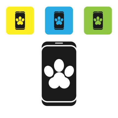 Siyah Online veteriner kliniği sembolü beyaz arka planda izole edilmiş. Köpek veterinerliği ile karşılaştır. Evcil hayvan ilk yardım işareti. Renkli kare düğmeleri ayarlayın. Vektör İllüstrasyonu