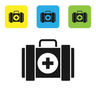 Siyah Pet ilk yardım kiti simgesi beyaz arka planda izole. Köpek veya kedi pençe baskı. Klinik kutusu. Set simgeleri renkli kare düğmeler. Vektör Illustration