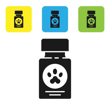 Siyah Köpek ilaç şişesi ve beyaz arka planda izole edilmiş ilaç ikonu. İçinde haplar olan konteynır. Hayvan için reçeteli ilaç. Renkli kare düğmeleri ayarlayın. Vektör İllüstrasyonu