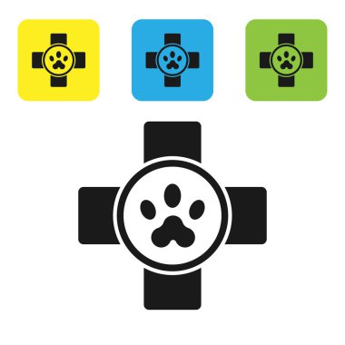 Siyah Veterinerlik Kliniği sembolü beyaz arka planda izole edilmiş. Çapraz hastane işareti. Stilize pati izi köpek ya da kedi. Evcil hayvan ilk yardım işareti. Renkli kare düğmeleri ayarlayın. Vektör İllüstrasyonu