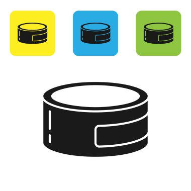 Beyaz arka planda izole edilmiş siyah konserve ikonu. Hayvanlar için yiyecek. Evcil hayvan yiyeceği kutusu. Renkli kare düğmeleri ayarlayın. Vektör İllüstrasyonu