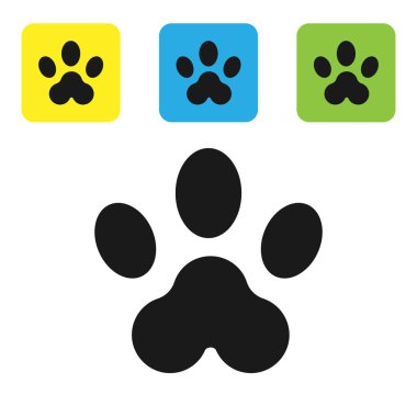 Siyah Paw baskı simgesi beyaz arka planda izole. Köpek veya kedi pençe baskı. Hayvan parkuru. Set simgeleri renkli kare düğmeler. Vektör Illustration