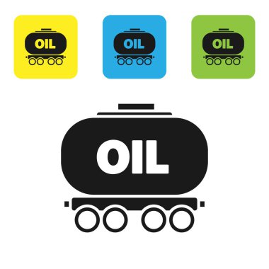 Siyah Petrol Sarnıç simgesi beyaz arka planda izole edildi. Tren vagonundaki petrol tankı. Demiryolu nakliyesi. Petrol endüstrisi. Renkli kare düğmeleri ayarlayın. Vektör İllüstrasyonu