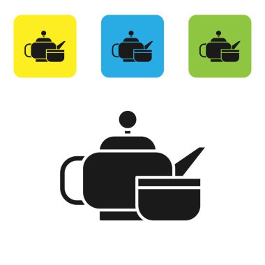 Siyah Geleneksel Japon çay töreni ikonu beyaz arka planda izole edildi. Fincanlı çaydanlık. Renkli kare düğmeleri ayarlayın. Vektör İllüstrasyonu