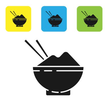 Beyaz arka planda izole edilmiş yemek çubuğu ikonu olan bir kasede siyah pirinç. Geleneksel Asya yemekleri. Renkli kare düğmeleri ayarlayın. Vektör İllüstrasyonu