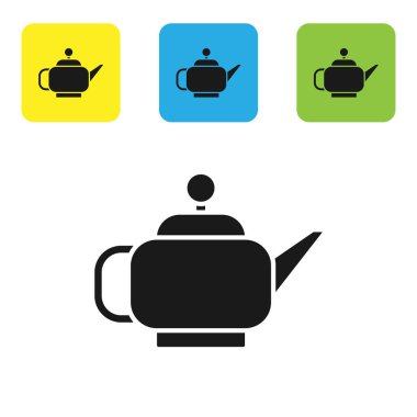 Siyah Geleneksel Japon çay töreni ikonu beyaz arka planda izole edildi. Fincanlı çaydanlık. Renkli kare düğmeleri ayarlayın. Vektör İllüstrasyonu